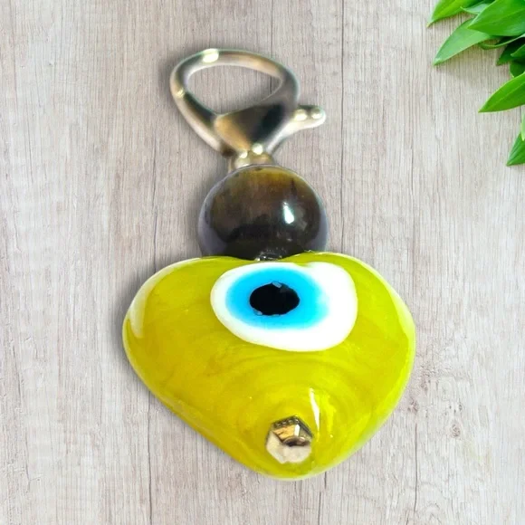 Hand Crafted Purse Pet Charm Tiger’s Eye Yellow Heart Evil Eye Brown Spiritual - Picture 3 of 6